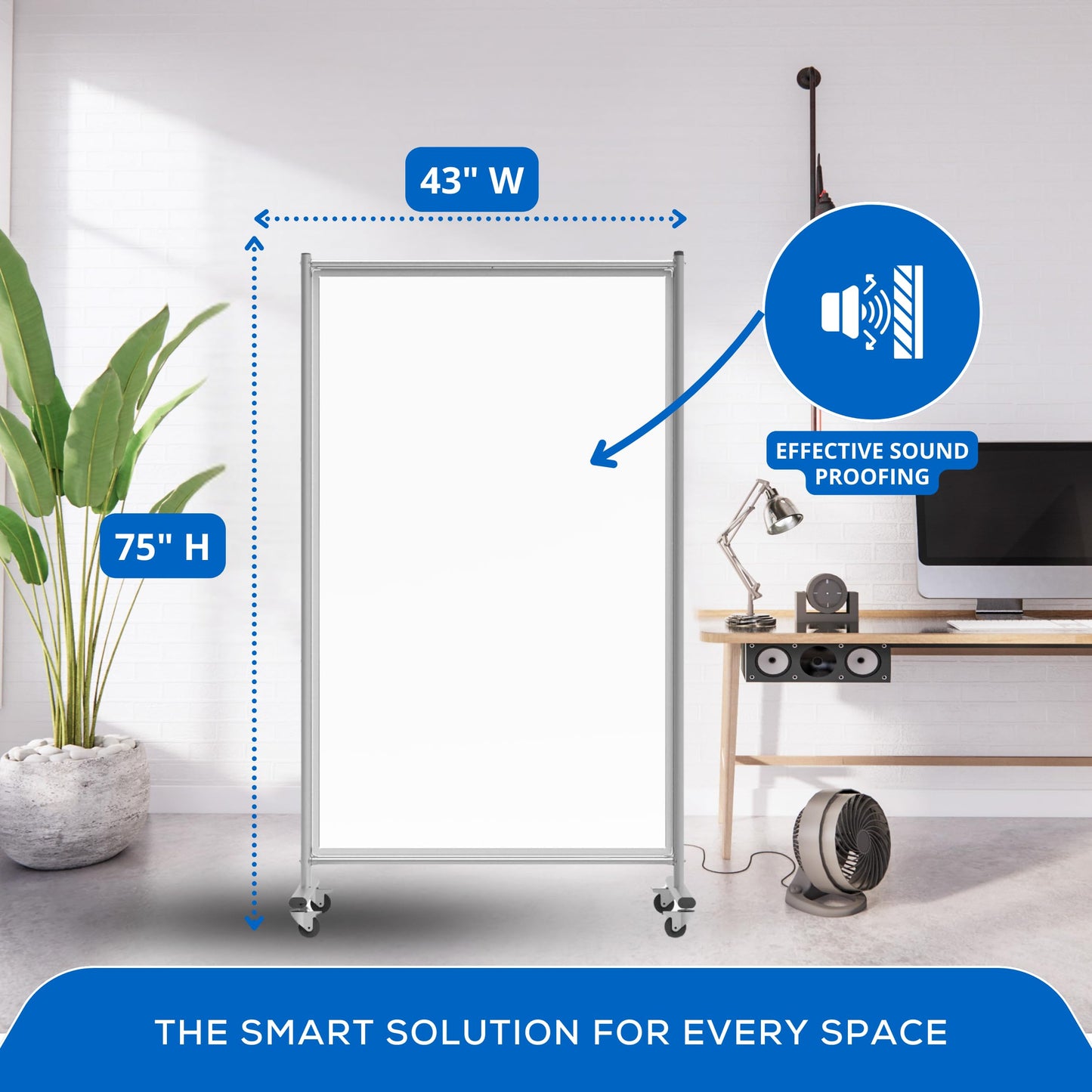 FSE 373-MD4072W Mobile Magnetic Whiteboard Room Divider, 75" Tall Double-Sided Board, Sound Proof Partition Wall Divider with Locking Casters, Steel Frame, Ghost-Resistant Surface, White/Silver