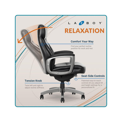 La-Z-Boy Arcadian Ergonomic Executive Chair, Bonded Leather, Black, 29.5D x 28W x 43.25-46.25H inches, 275 lbs Weight Capacity