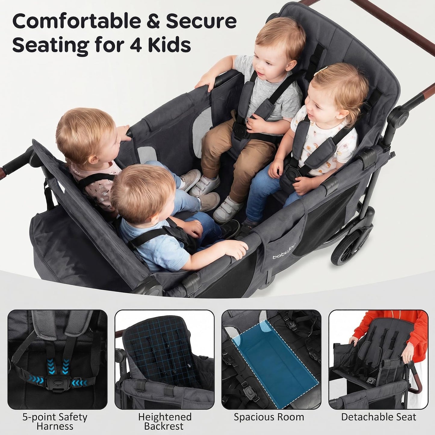 BABY JOY Wagon Stroller for 4 Kids, Foldable Stroller Wagon with Removable Canopy, Adjustable Handle, Snack Tray, Parent Organizer, 5-Point Safety Harness, Convertible Diaper Bag/Changing Pad (Gray)