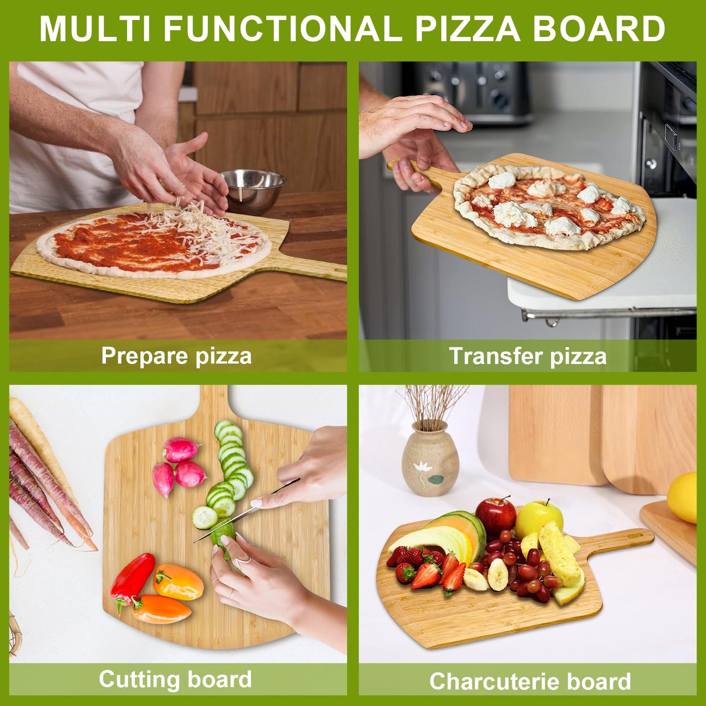TUOCON Pizza Peel 12 inch 2 pack Bamboo Wood Pizza Paddle Pizza Peels Pizza Server for Ooni Oven Accessory Pizza Spatula Baking Homemade Cheese Bread Turner Pizza Pre board Pizza Tools Gift
