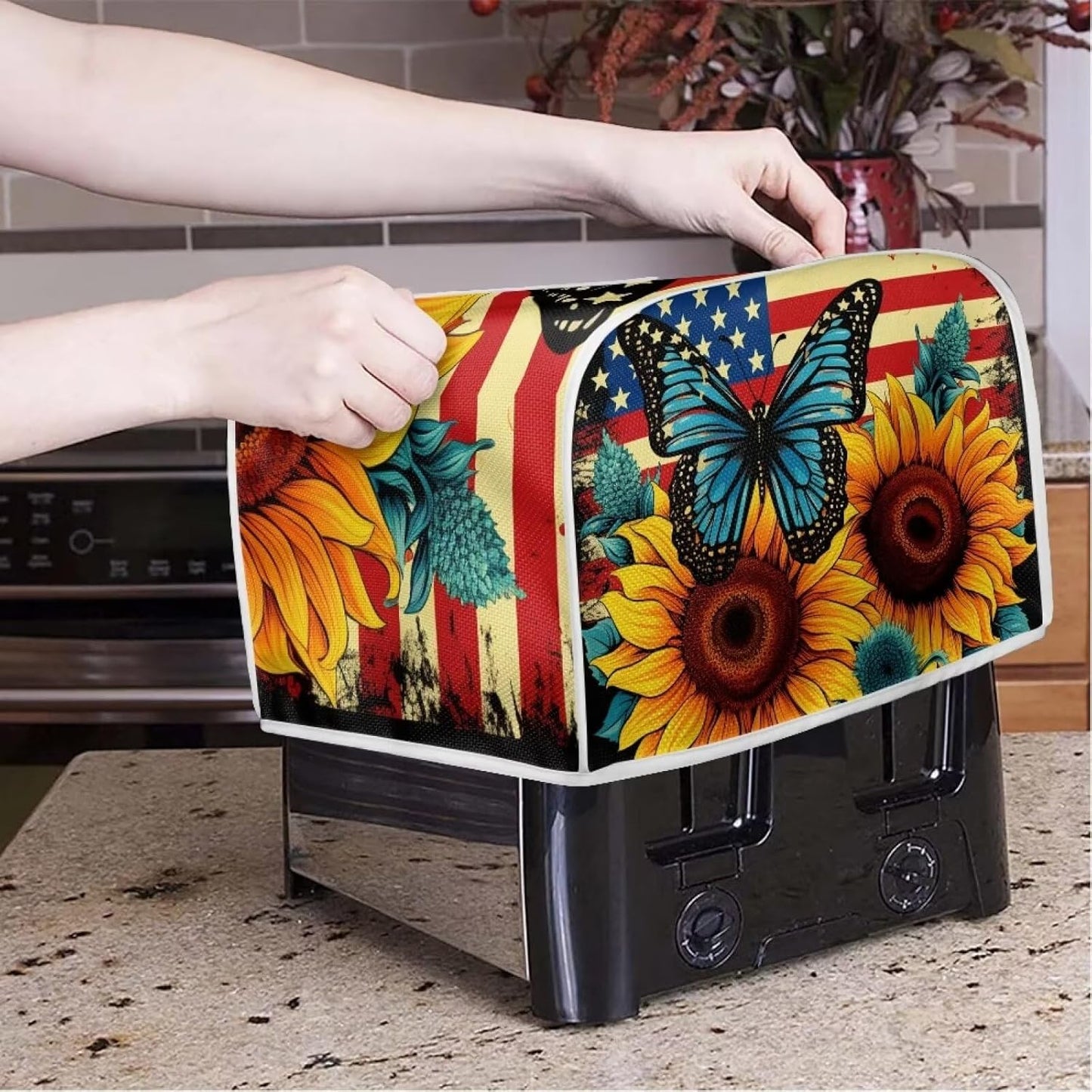 Sunflower Butterfly Print Toaster Cover, 4 Slice American Flag Washable Oven Cover for Kitchen