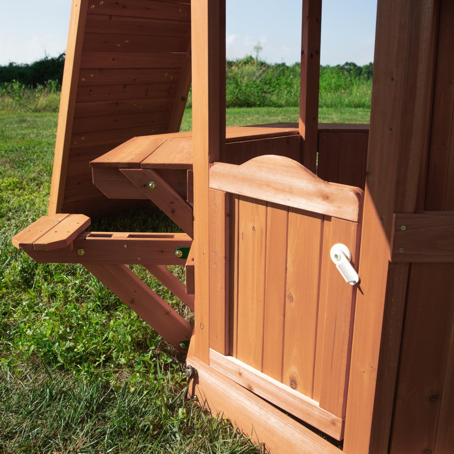 Backyard Discovery Woodland Cedar Wood Swing Set with Wave Slide, Clubhouse, Rock Wall, Snack Bar Station, Benches, Belt Swings, Trapeze, Half Door, Balcony, Step Ladder, Outdoor Playset