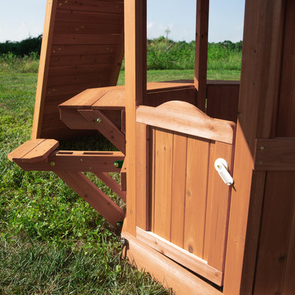 Backyard Discovery Woodland Cedar Wood Swing Set with Wave Slide, Clubhouse, Rock Wall, Snack Bar Station, Benches, Belt Swings, Trapeze, Half Door, Balcony, Step Ladder, Outdoor Playset