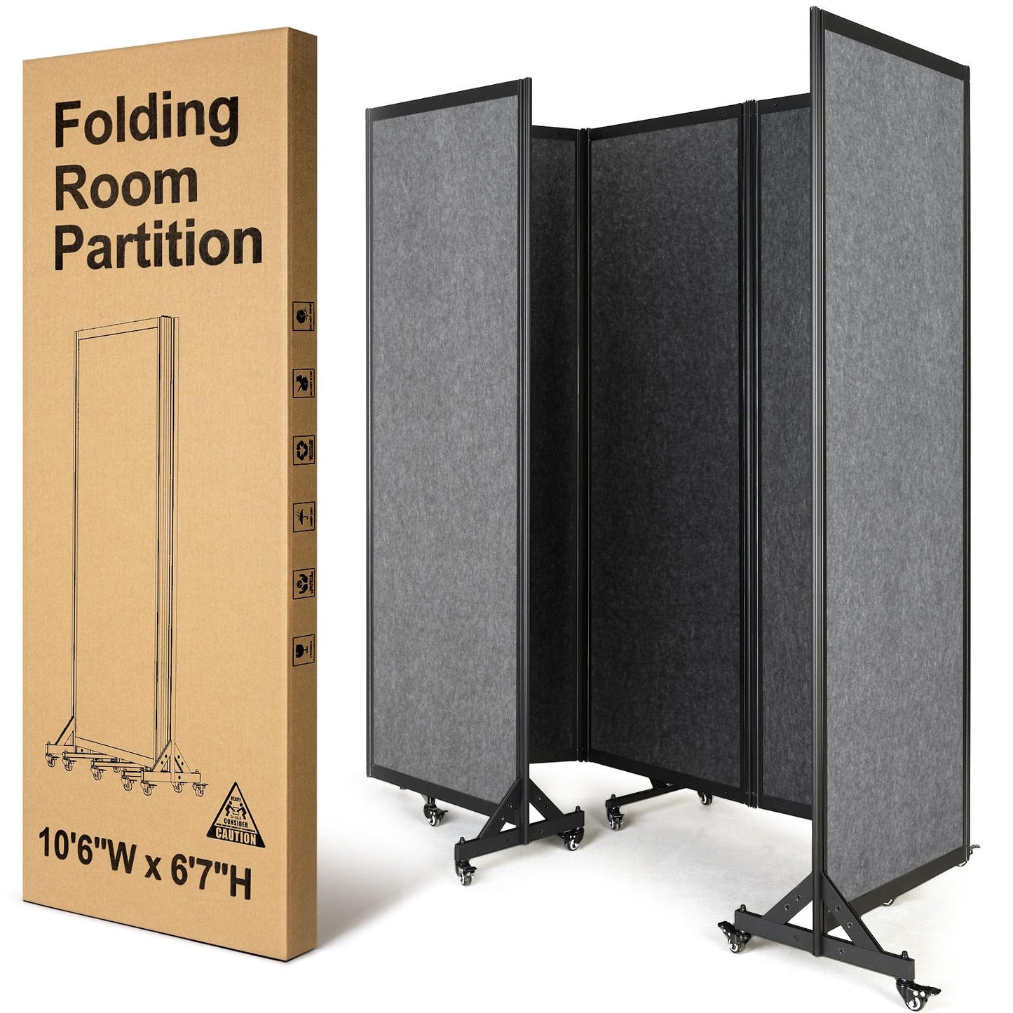 Strongbird Room Partition,Folding Privacy Divider,Office Partition Dividers,Office Dividers Wall, 10'6"W x 6'7"H,Light Grey