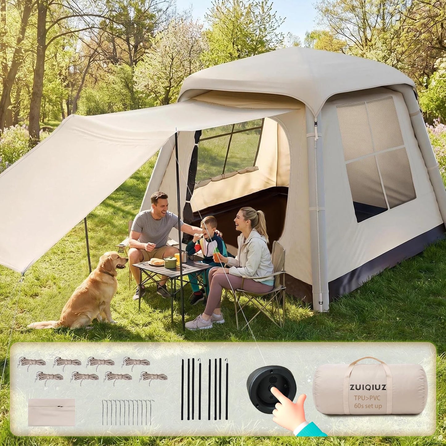 Auto Inflatable Tent for Camping 2/3/4 Person, TPU Material Eco-Friendly 1-Min Instant Air Pop Up Shelter with Pump and Windows-Portable Wind Waterproof Cabin Hiking Beach 4 Season 7.5 * 7.5FT