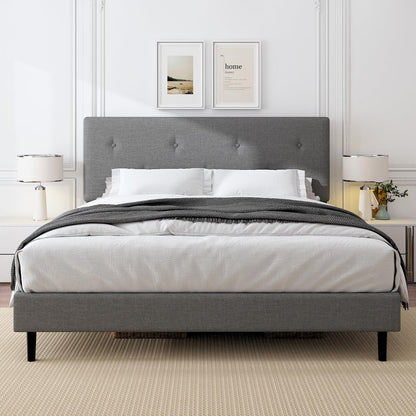 Mxhtcewz King Size Linen Bed Frame, Upholstered Platform Bed Frame with Adjustable Headboard, Wooden Slats Support, No Box Spring Needed, Easy Assembly, Grey