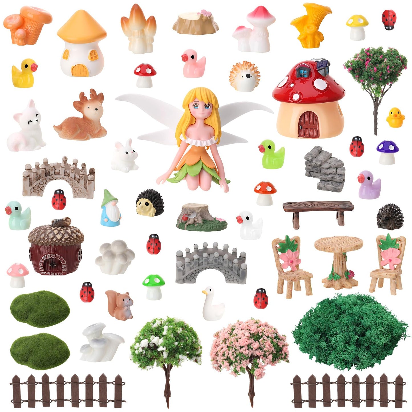 GGSTDDUP 54 Pcs Fairy Garden Accessories, Mini Resin Animals Figures, Miniature Table and Chairs, Bridge, Fence, Fairy House Kit with 50g Artificial Moss for DIY Craft Landscape Bonsai Glass Container