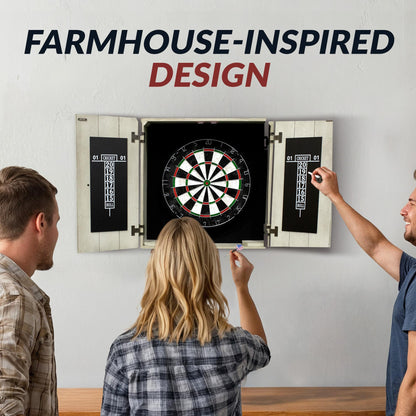 Hathaway Drifter 18-in Bristle Dart Board and Cabinet Set – Includes Self Healing Sisal Board, Removable Outer Ring, Chalk Scoreboards & Steel-Tip Darts - Complete Dart Accessories - Timberwood
