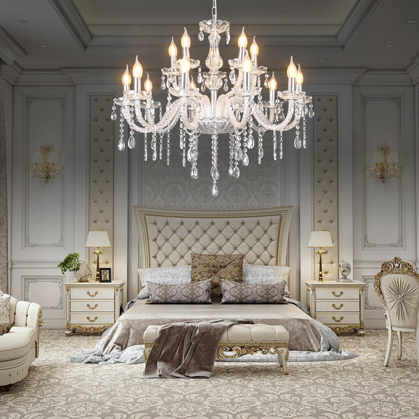 MALOSA Large Clear Crystal Chandeliers,30.7" Large Chandelier for Dining Room,Living Room,Bedroom,Hallway,High Ceilings Wedding Party 15 Lights