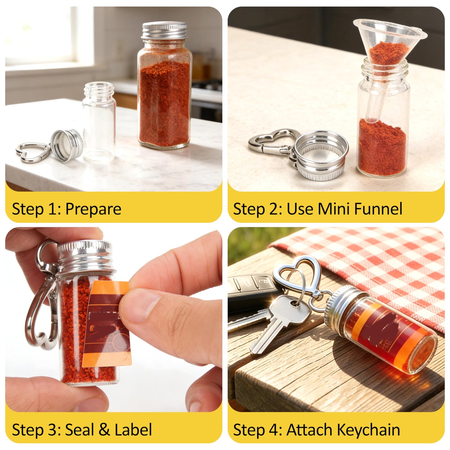 FANTOVO Mini Seasoning Keychain Bottle Set, 6 Pcs Empty Spice Jar with Mini Funnels & DIY Stickers of 30 Styles, On-the-Go Airtight Keychain Holders for Travel, Outdoors, Lunchboxes, Camping, 6+2+4 Total.