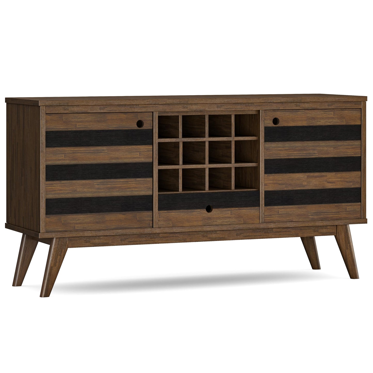SIMPLIHOME Clarkson Buffet - 60 inch Wide Solid Acacia Wood 3-Door Sideboard Buffet in Rustic Natural Aged Brown, Mid-Century Cabinet for Dining Room or Kitchen with Wine Storage and Open Shelf