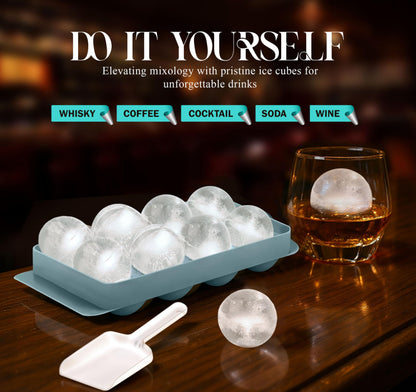1.8in Large Ice Cube Molds - Big Round Whiskey Ice Trays for Freezer with Bucket, Scoop, Tongs, 2 Straws - Easy to Fill & Release, Bourbon Cocktail (3 pack, 8 Balls)