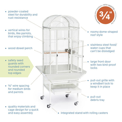 Prevue Pet Products Dome Top Bird Cage - Powder‑Coated Steel Cage with Wheels, Push Button Locks, Seed Guards and Perch, Ideal for Cockatiels, and All Small-Medium Sized Birds - Chalk White