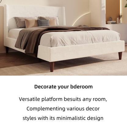 Merax Solid Wood Queen Size Boucle Bed Frame with Wingback Headboard, Modern Upholstered Platform with Walnut Wooden Legs, Strong Wooden Slats, No Box Spring Needed, Easy Assembly, Noise-Free, Ivory