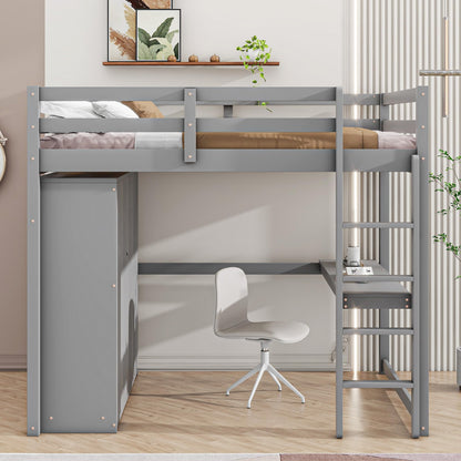 Full Size Loft Bed Frame with Built-in Wardrobe, Desk, Storage Shelves and Drawers, Wood Slat Support