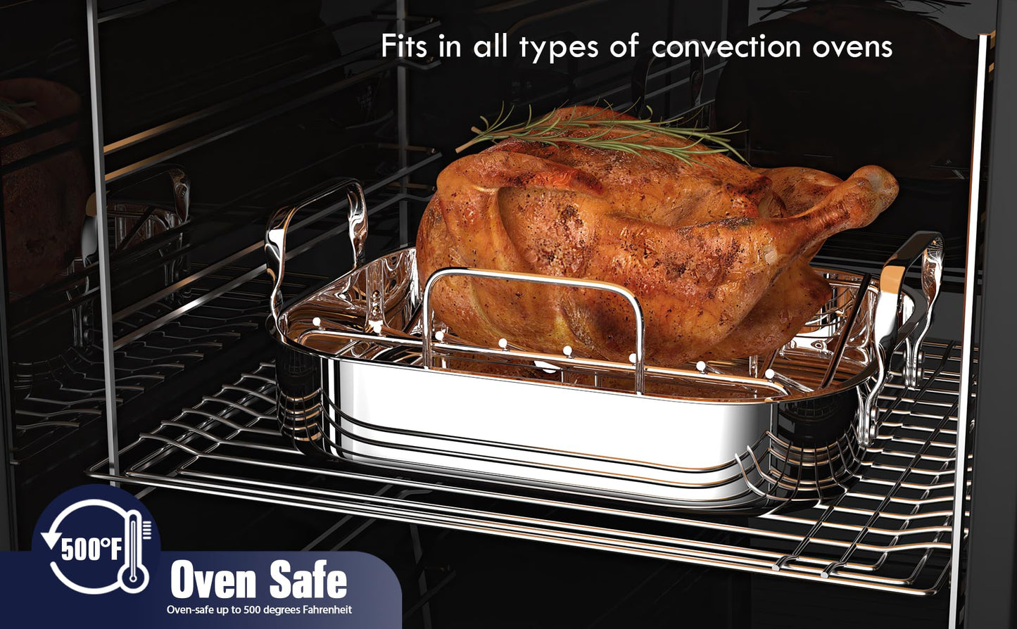 Cooks Standard Stainless Steel Roaster Pan with V-Shaped Rack, Inner 14-Inch x 11-Inch; Edge 15-Inch x 12-Inch; Turkey Roasting Pan Bakeware for Oven, Rectangular