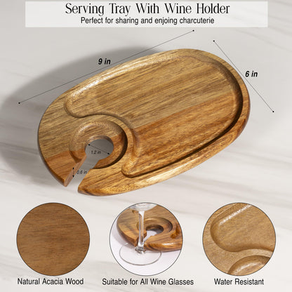 YEWBEE Wine Glass Holder Plates – Acacia Wooden Appetizer & Snack Plates for Party, Wine & Cheese Mini Charcuterie Boards, Set of 4 – Great Gift for Wine Lovers