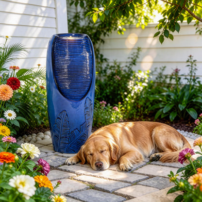 Autodaya 33" H Outdoor Garden Fountain with LED Lights, Modern Ceramic Jar Water Fountain, 3D Tropical Leaf Pattern, Cobalt Blue Glaze, Soothing Cascading Waterfall for Relaxing Patio, Yard, Porch
