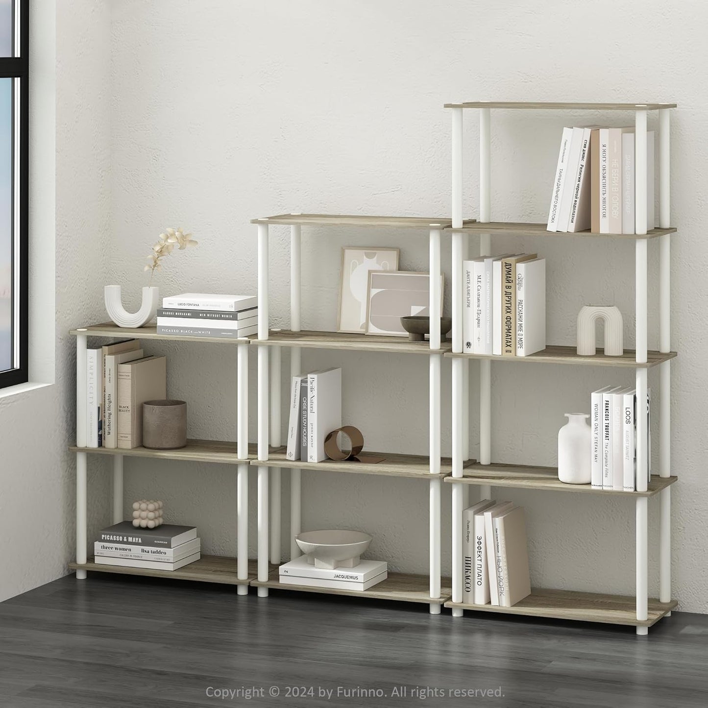 Furinno Turn-N-Tube 4-Tier Multipurpose Bookshelf, Bookcase, Sonoma Oak/White