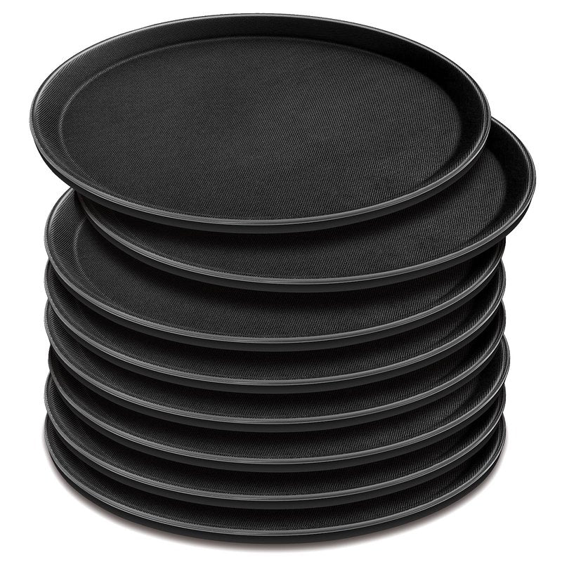 8 Pcs 16 Inch Round Serving Trays Restaurant Serving Trays Plastic Food Drink Serving Tray Non Slip Rubber Lined Black Serving Tray for Party Bar Restaurant Cocktail Cafeteria