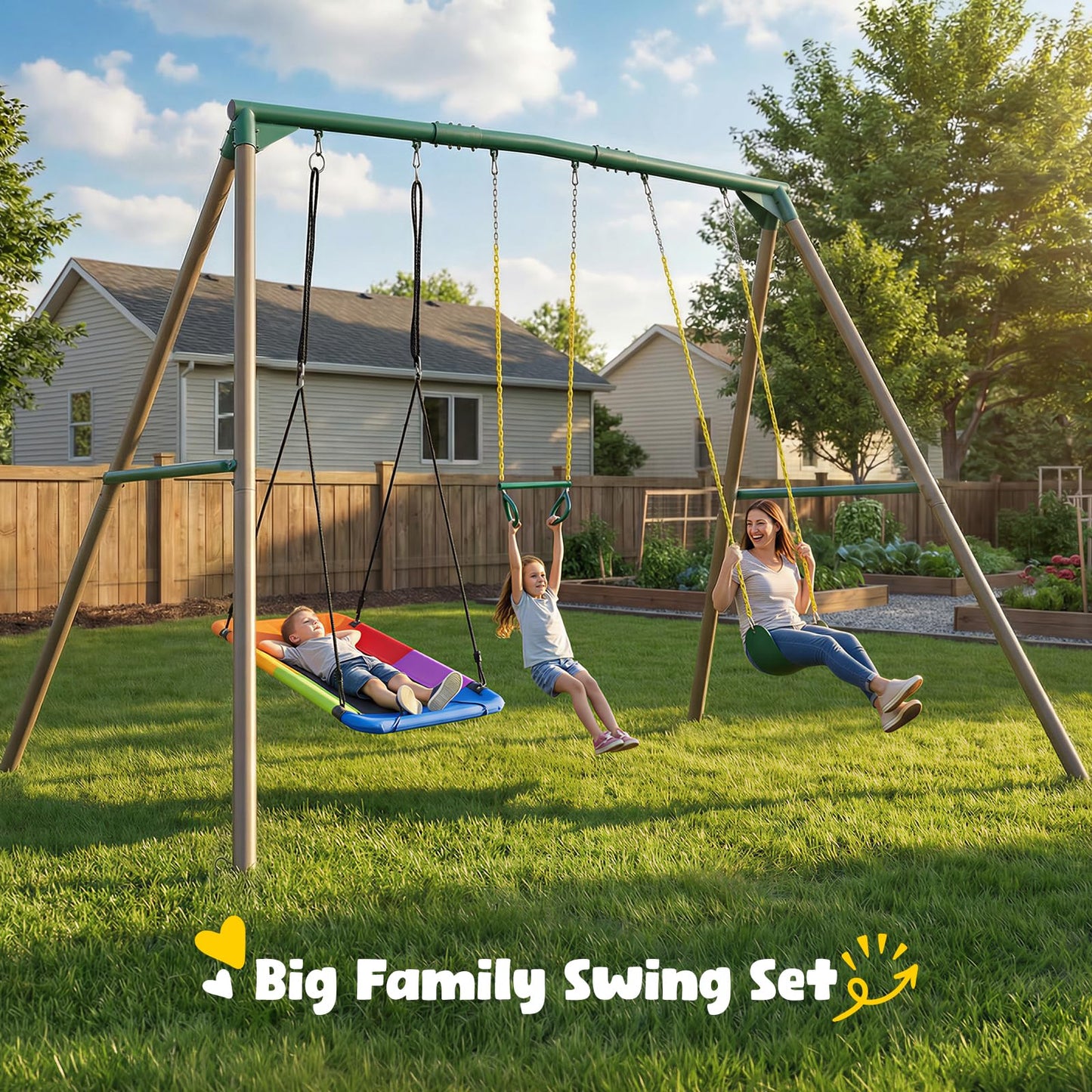 Hapfan 9.5' Tall Swing Sets for Backyard with Platform Swing, Heavy Duty Metal Swingset Outdoor for Kids with Trapeze Bar (Green and Brown)