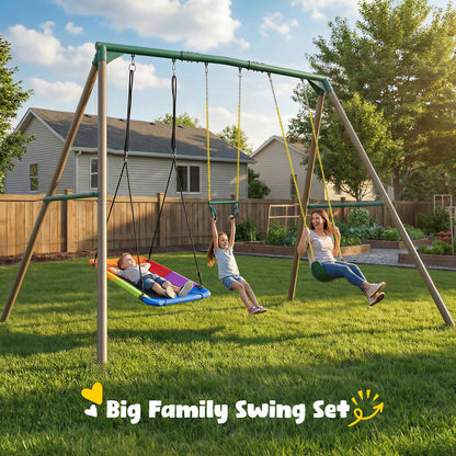 Hapfan 9.5' Tall Swing Sets for Backyard with Platform Swing, Heavy Duty Metal Swingset Outdoor for Kids with Trapeze Bar (Green and Brown)