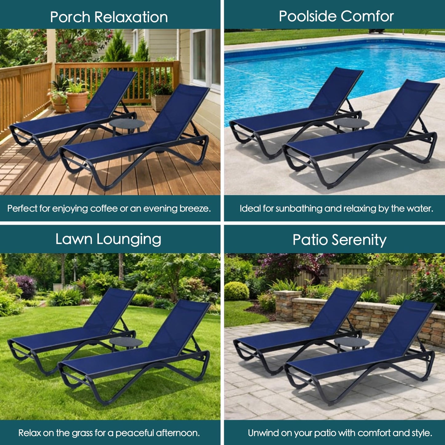 Kozyard Outdoor Chaise Lounge Chair, All Aluminum Frame and Textilene Fabric, Fully Flat Adjustable Reclining Patio Lounger for Poolside, Sunbathing & Backyard (NavyBlue, 2Chairs)