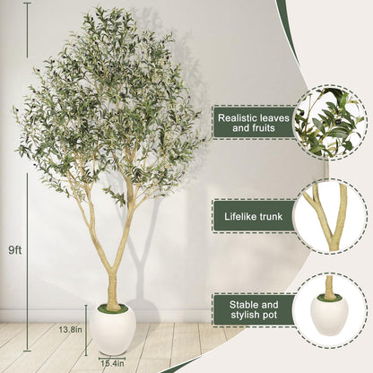 PHYTREE 9ft Artificial Olive Tree with White Planter Included - Large Indoor Floor Plant with Natural Trunk and Fruit Accents for High-Ceiling Living Room and Hallway Corner