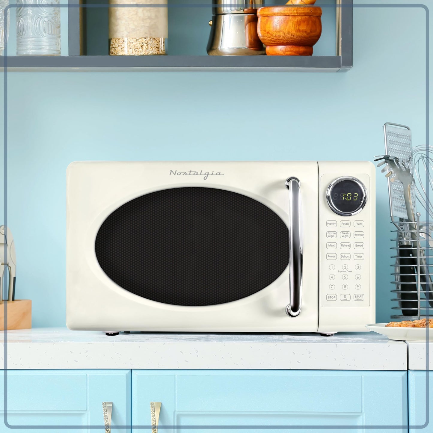Nostalgia Retro Microwave Oven - 0.7 Cu Ft, 700-Watt Countertop Size with Glass Turntable, Child Safety Lock, 8 Auto-Cook Programs, Digital Clock - Aqua