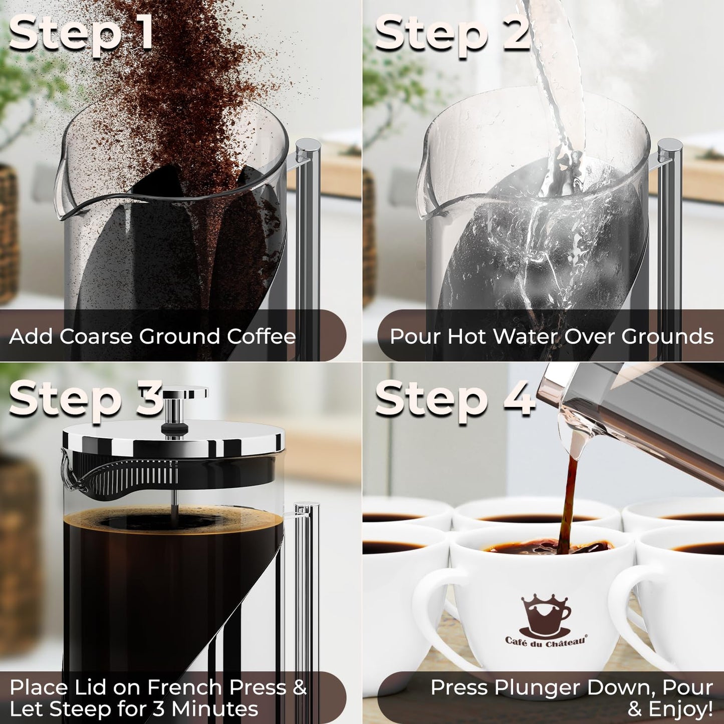 Cafe Du Chateau Stainless Steel French Press Coffee Maker 34 oz - Easy to Use Insulated Coffee Press with 4-Level Filtration, Manual Brewer for Tea, Camping & Travel with BPA Free, Durable Clear Glass