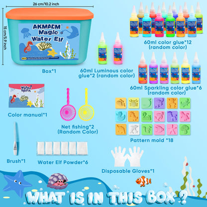 AKMADM Magic Water Elf Toy Kit for Kids - Aqua Fairy Water Gel Kit - 20 Colors*60ml Squishy Maker Set - 18 Shape Molds - Arts & Crafts Water Elf Creation kit - Children's DIY Marine Life (20 Colors)