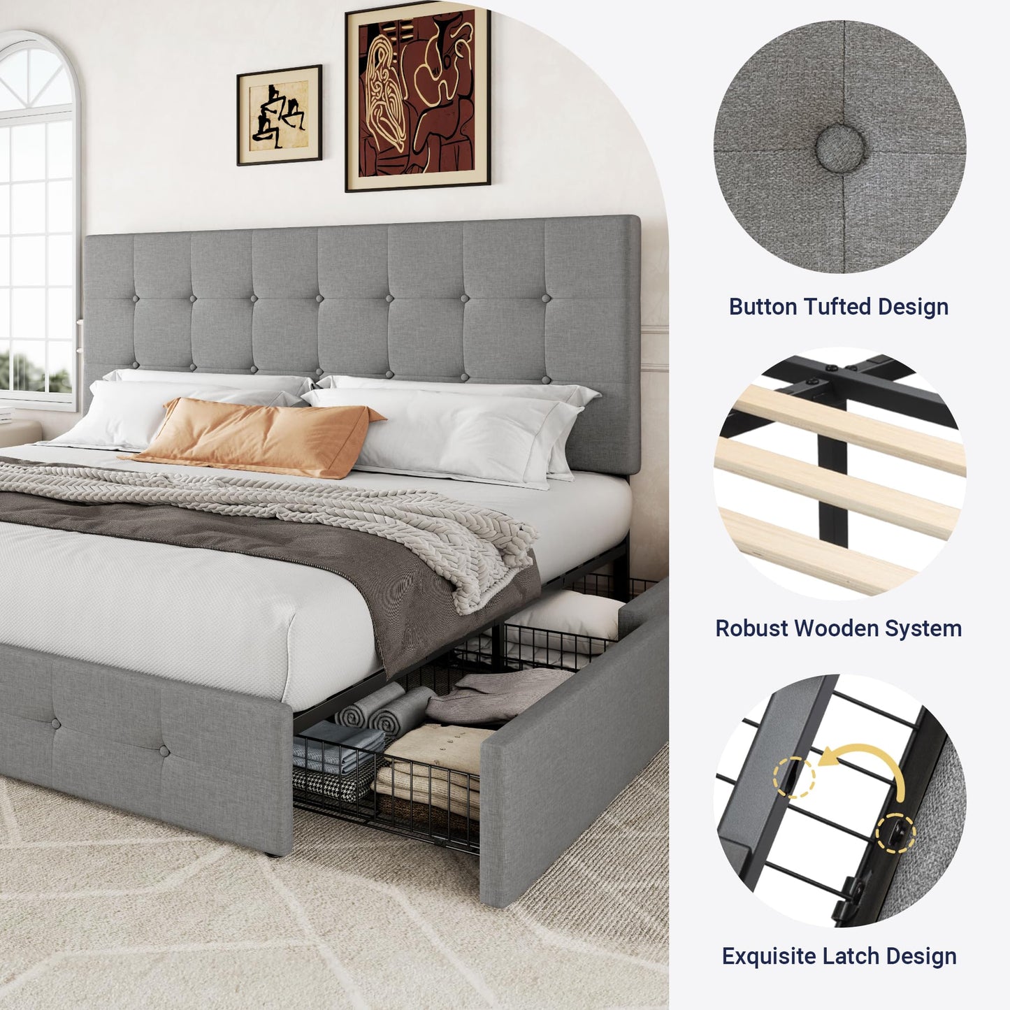 Allewie Upholstered King Size Platform Bed Frame with 4 Storage Drawers and Headboard, Square Stitched Button Tufted, Mattress Foundation with Wooden Slats Support, No Box Spring Needed, Light Grey