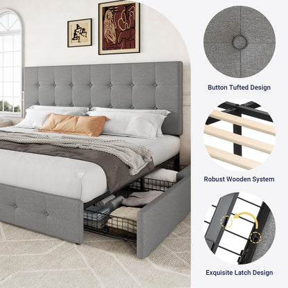 Allewie Upholstered King Size Platform Bed Frame with 4 Storage Drawers and Headboard, Square Stitched Button Tufted, Mattress Foundation with Wooden Slats Support, No Box Spring Needed, Light Grey