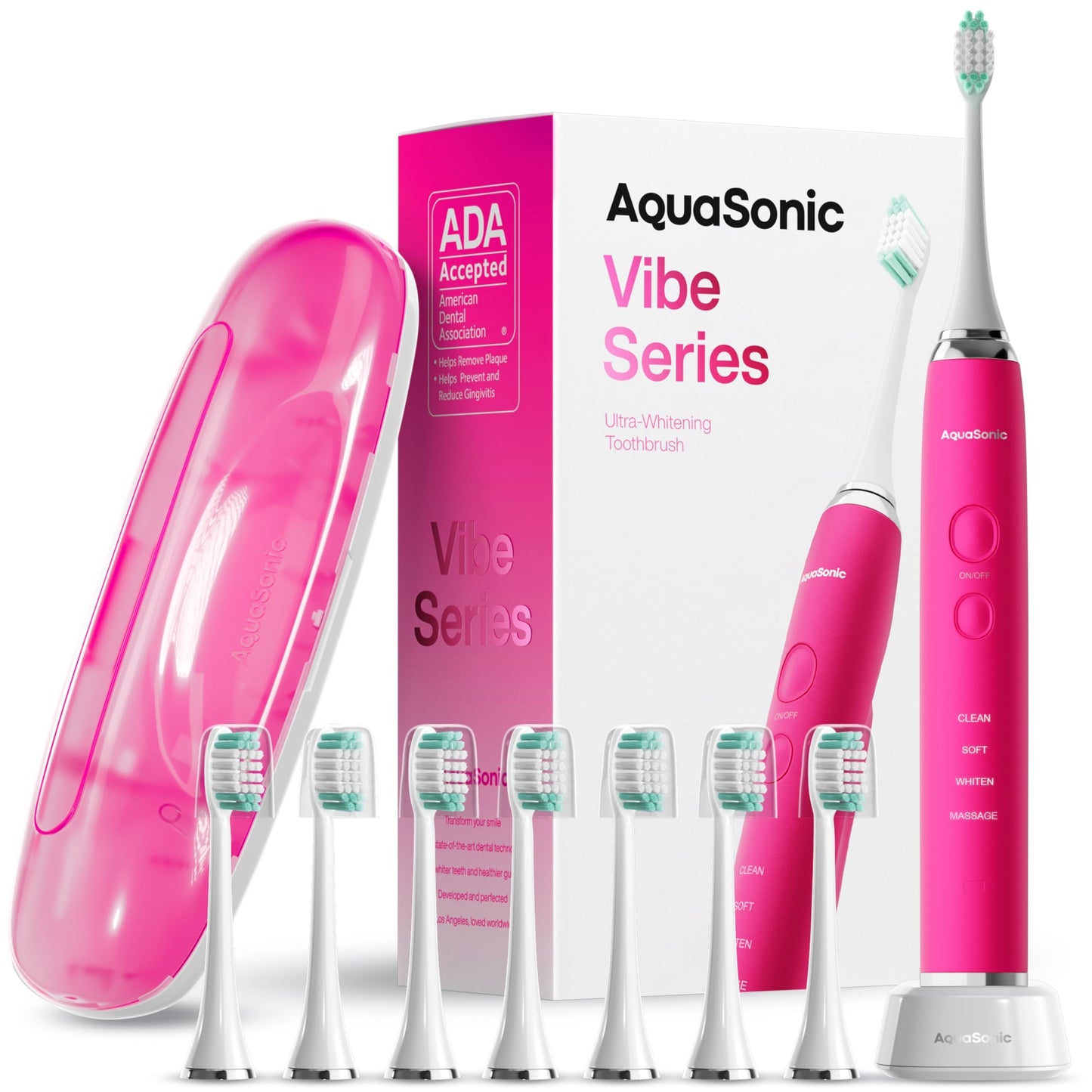 Aquasonic Vibe Series Ultra-Whitening Toothbrush – ADA Accepted Electric Toothbrush - 8 Brush Heads & Travel Case – 40,000 VPM Motor & Wireless Charging - 4 Modes w Smart Timer – Satin Rose Gold