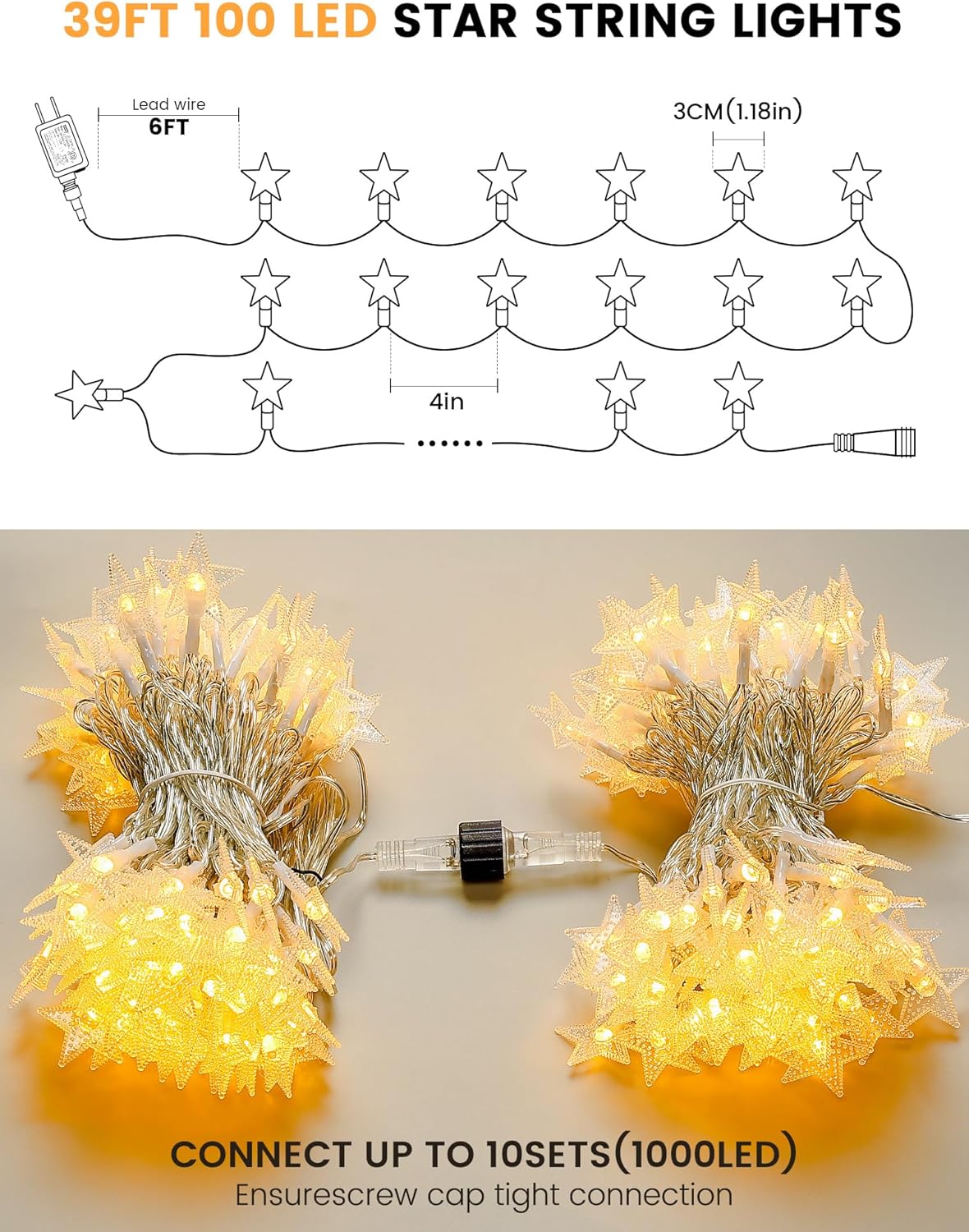 syosupviry in,39ft 100LED Star String Lights Plug Fairy Lights with Remote, Hanging Star Decorations Lights Waterproof
