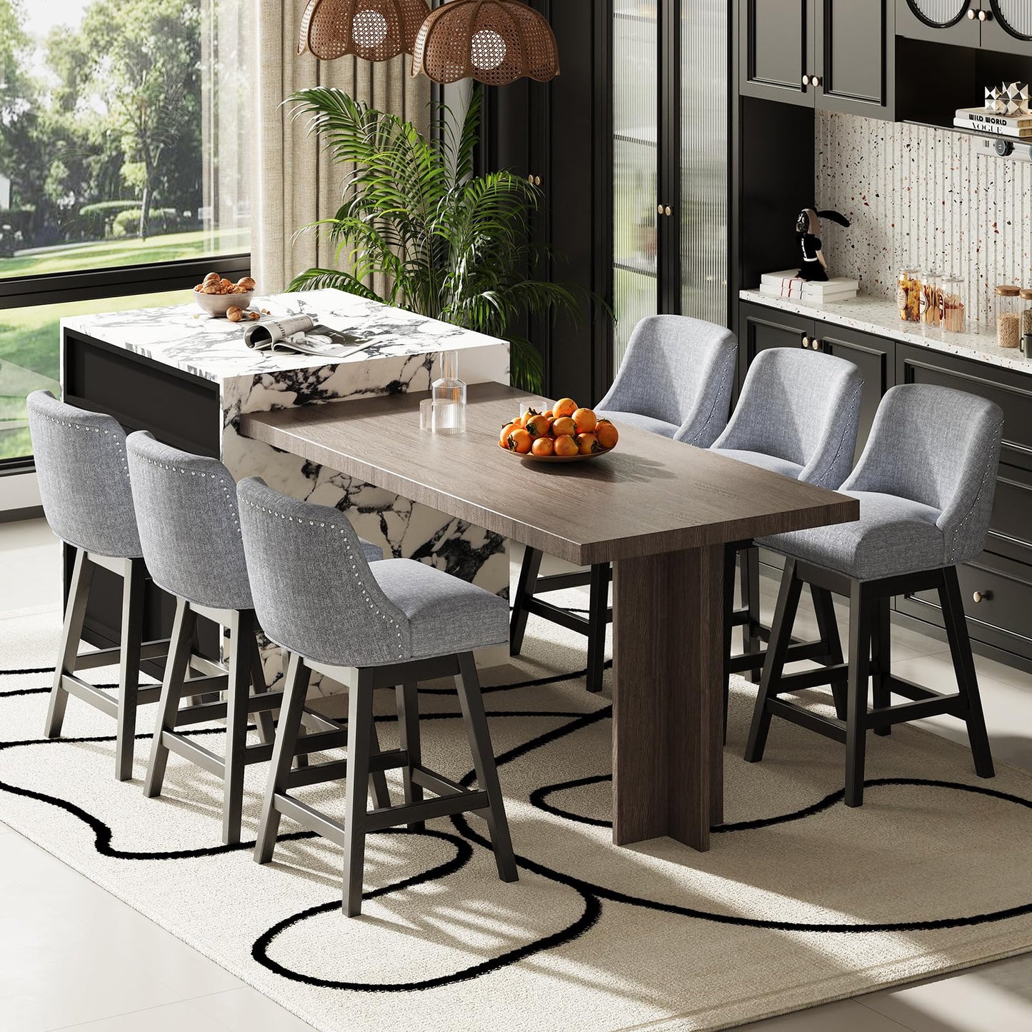 MALOL Swivel Bar Stools Set of 4, 27" Counter Height Kitchen Stools with Padded Seats and Solid Wood Legs, Upholstered Barstools for Kitchen Island, Breakfast Nook (Dark Gery)