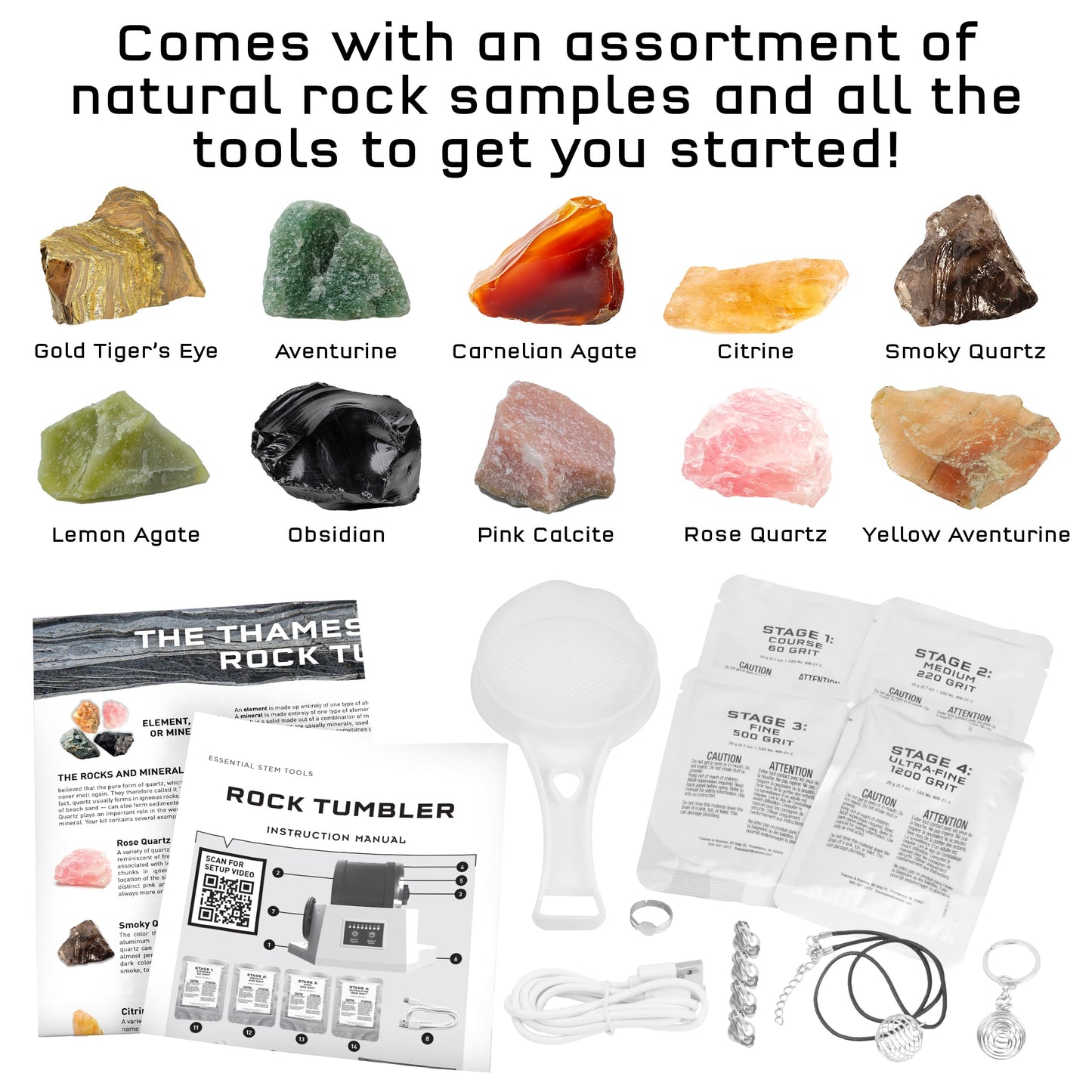 The Thames & Kosmos Rock Tumbler Essential STEM Tool | Durable, Leak-Proof, Noise-Reducing Barrel, Built-in Timer | Polish & Shine Kids Rock Collections, Includes Authentic Specimens & Polishing Grits