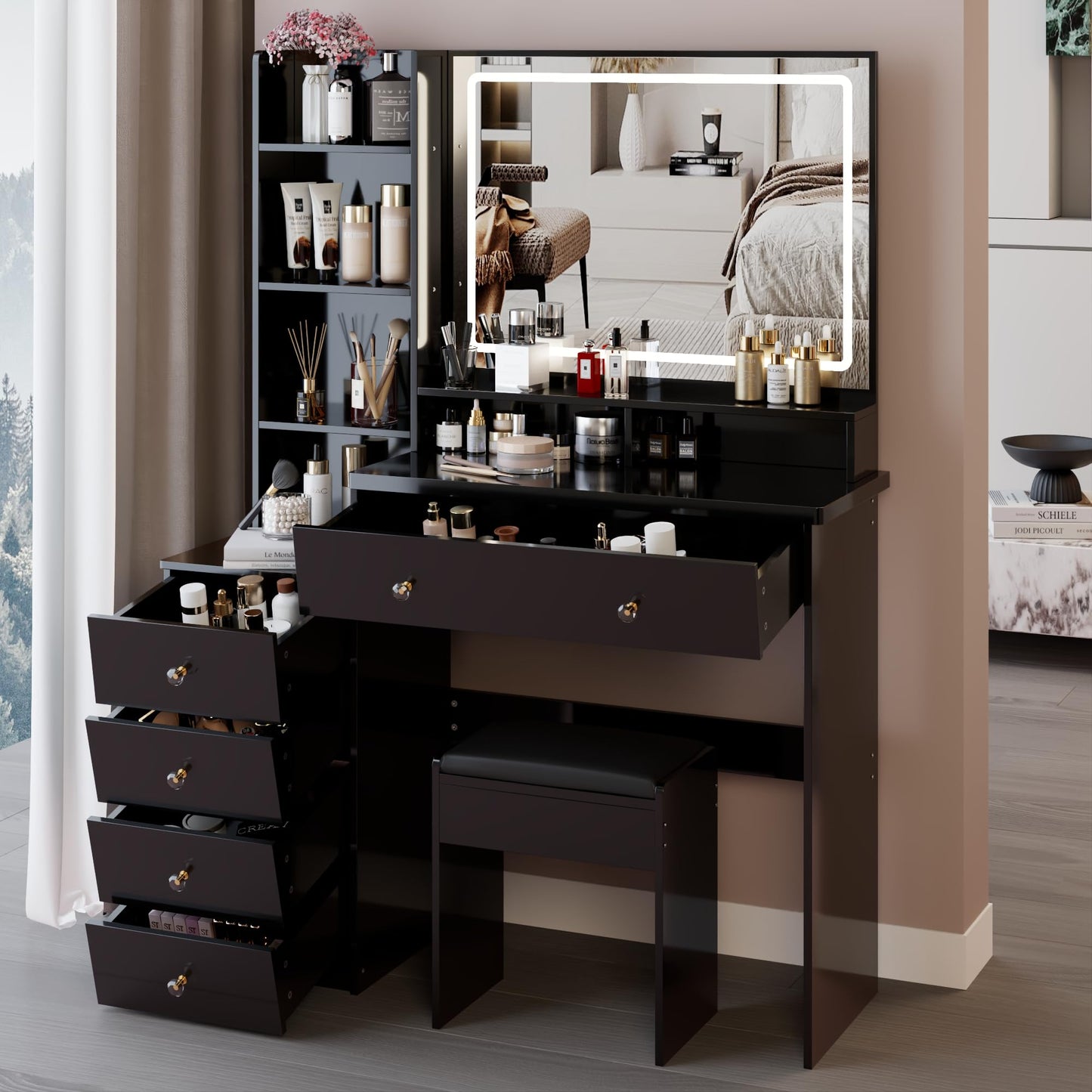 KEIKI Extra-Wide Vanity Desk with Mirror, LED Lights,3 Lighting Colors，Touch-Control,Adjustable Brightness,Cushioned Stool,41'' Makeup Vanity Table Set with 5 Storage Drawers and Shelves,Black