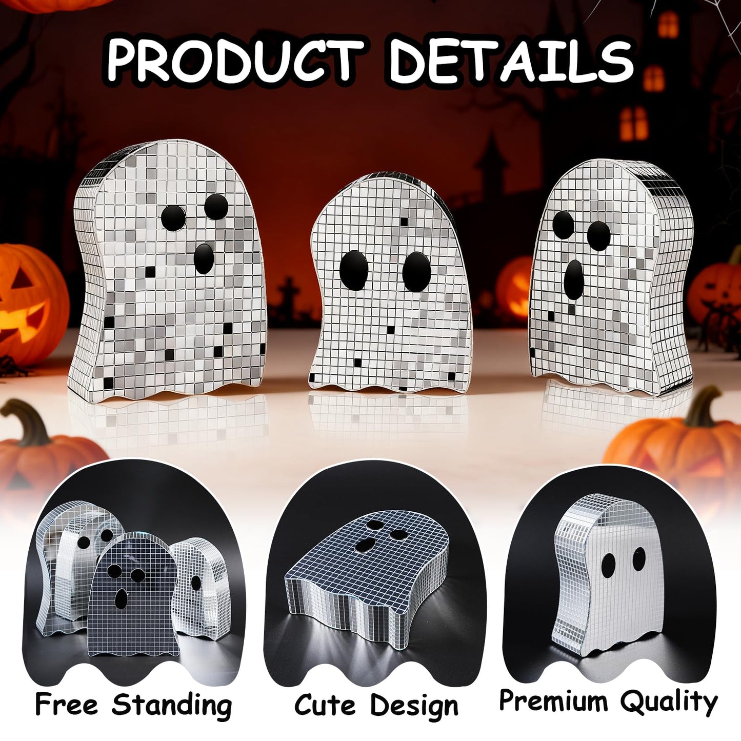 3 Pcs Halloween Disco Ghost Decor,5.9" 7" 8.2" Ghost Mirror Disco Ball Indoor Glitter Spooky Ghost Sign Halloween Tiered Tray Decor Mosaic Table Centerpiece for Party Gift (Silver)
