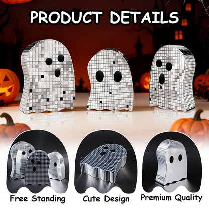 3 Pcs Halloween Disco Ghost Decor,5.9" 7" 8.2" Ghost Mirror Disco Ball Indoor Glitter Spooky Ghost Sign Halloween Tiered Tray Decor Mosaic Table Centerpiece for Party Gift (Silver)