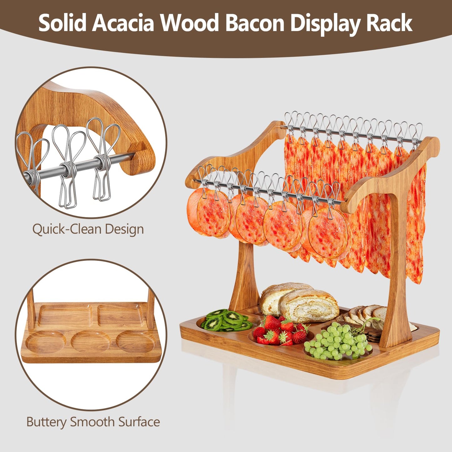 Sueuapp Bacon Display Rack,Patented Design Acacia Bacon Clothesline Serving Tray,Charcuterie Boards with Double Hangers,Exquisite Bacon Tray Holder for Parties,Weddings,Housewarming Gifts
