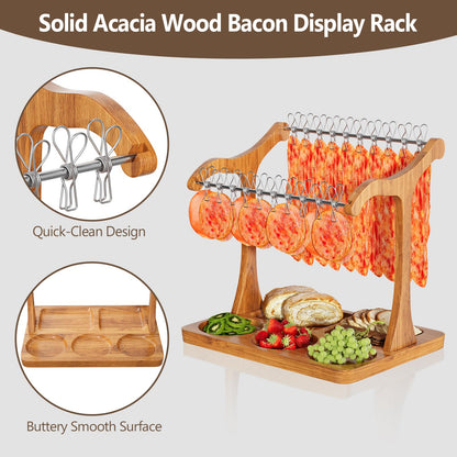 Sueuapp Bacon Display Rack,Patented Design Acacia Bacon Clothesline Serving Tray,Charcuterie Boards with Double Hangers,Exquisite Bacon Tray Holder for Parties,Weddings,Housewarming Gifts