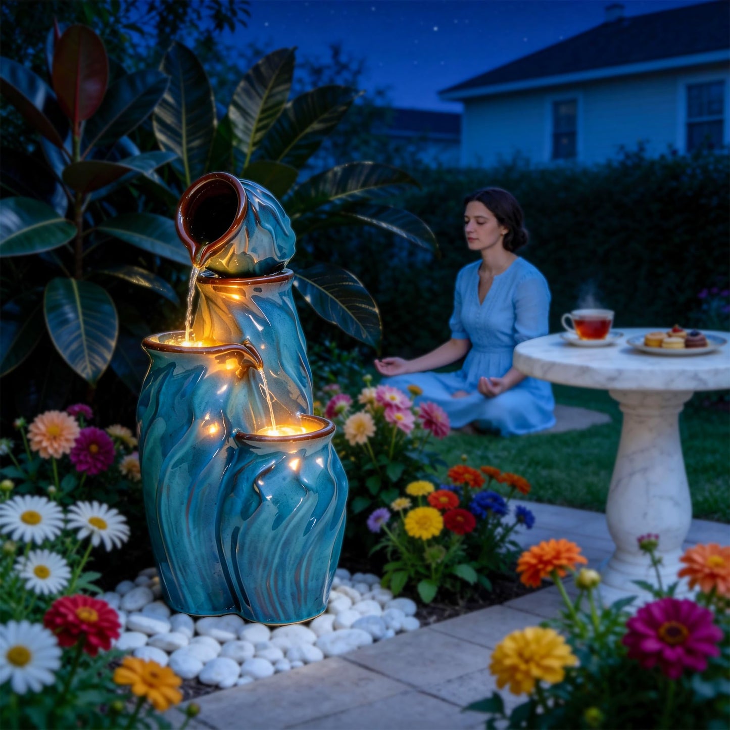 Ultym 29" Outdoor Water Fountain, Ceramic Outdoor Fountain, Stacked 4-Tier Pots Waterfalls for Garden, Patio, Yard, or Porch Decor, Creating Relaxing Serene Oasis, Dynamic Wave-Texture, Turquoise