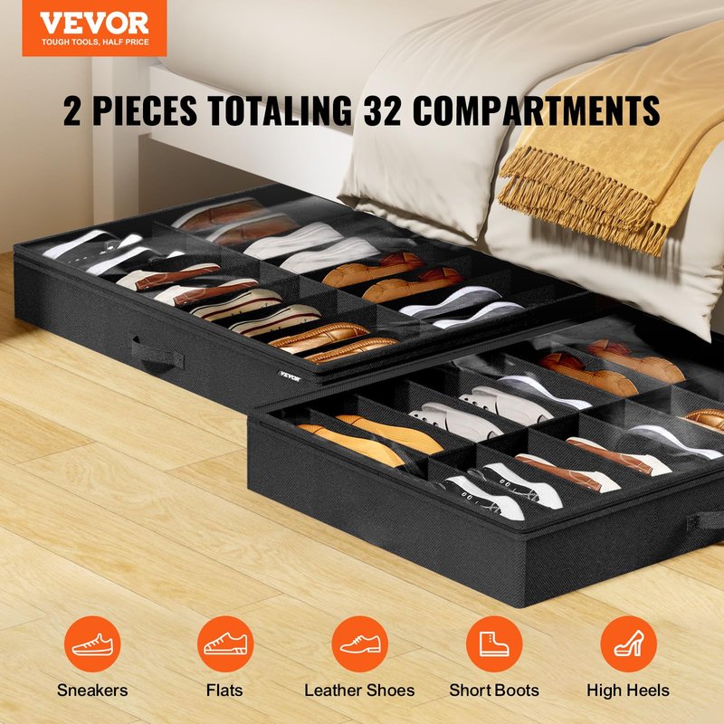 VEVOR Under Bed Shoe Storage Organizer, Set of 2, Total 32 Compartments, Underbed Shoes Closet Storage Solution with Clear Window, Breathable, Foldable Fabric Container Box with Reinforced Handles