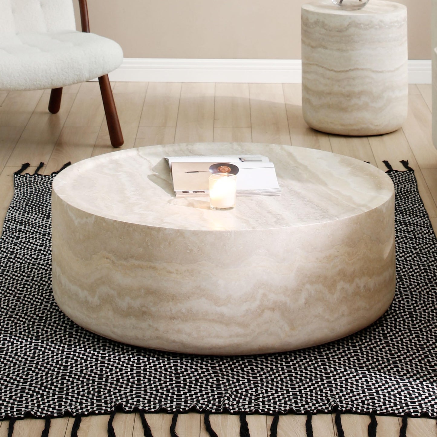 Ball & Cast 35.43" Round Coffee Table,Faux Travertine Textured Accent CoffeeTable for Living Room,Modern Minimalist Low Circle Center Table Side Table for Apartment,Office,Marble