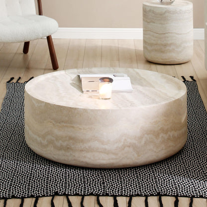 Ball & Cast 35.43" Round Coffee Table,Faux Travertine Textured Accent CoffeeTable for Living Room,Modern Minimalist Low Circle Center Table Side Table for Apartment,Office,Marble