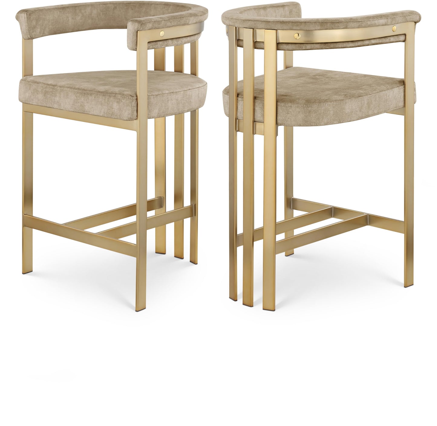 Meridian Furniture 596Beige-C Marcello Collection Modern | Contemporary Velvet Upholstered Counter Height Stool with Brushed Brass Iron Frame, 22.5" W x 20" D x 35.5" H, Beige, Set of 2