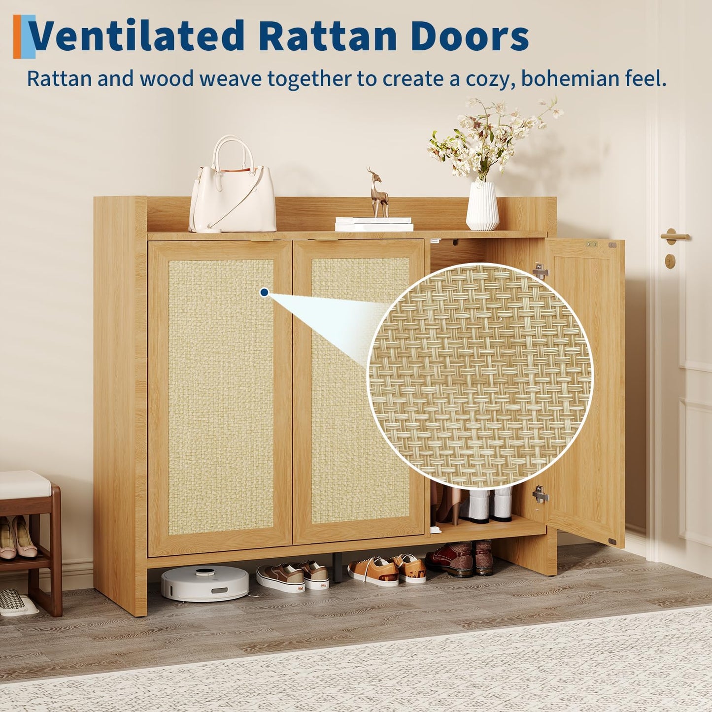 GarveeHome Rattan Shoe Storage Cabinet, Wooden Shoe Rack Organizer Cabinet with 3 Doors and Adjustable Shelves for Entryway Living Room Hallway, Dark Oak