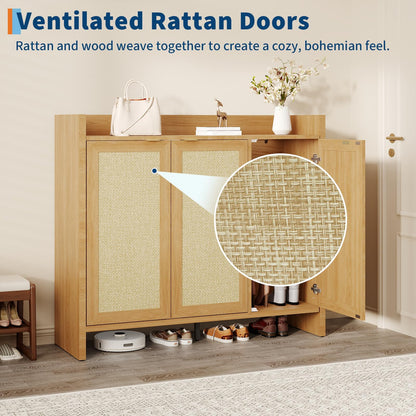 GarveeHome Rattan Shoe Storage Cabinet, Wooden Shoe Rack Organizer Cabinet with 3 Doors and Adjustable Shelves for Entryway Living Room Hallway, Dark Oak