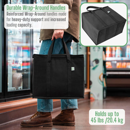 VENO 2 Pack Cooler Bags - Insulated for Food Delivery, Collapsible and Reusable Shopping Bags with Zipper, Foldable, Heavy-Duty, Stands Upright - Ideal for Groceries (Black, 2 Pack)
